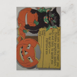 Retro Black Cat Halloween Party Invitation Kaart
