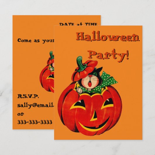 Retro Black Cat Halloween Party-uitnodigingen Kaart (Voorkant / Achterkant)
