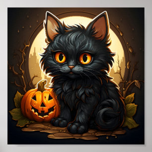Retro Black Cat Halloween Spooky Oranje Pompoen Poster