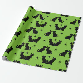 Retro Black Cat Kat op groen inpakpapier