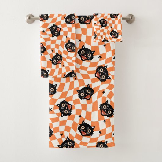 Retro Black Cat Oranje controlepatroon Bad Handdoek (Insitu)