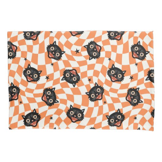 Retro Black Cat Oranje controlepatroon Kussensloop (Voorkant)