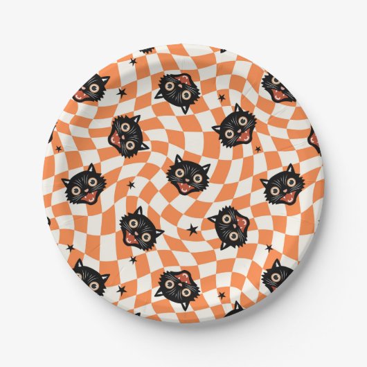 Retro Black Cat Oranje controlepatroon Papieren Bordje (Voorkant)