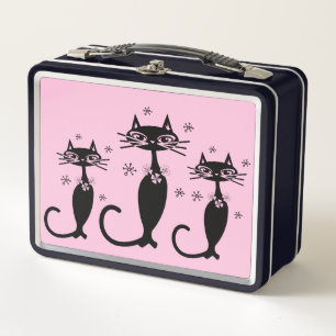 RETRO BLACK CAT PINK METAL LUNCHBOXEN