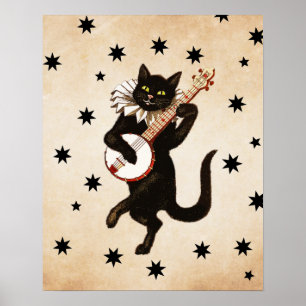 Retro  Black Cat Plays Banjo   Cat Gift Poster