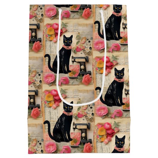 Retro Black Cat Roze ketting Collage Medium Cadeauzakje (Achterkant)