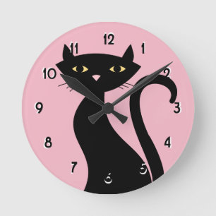 Retro Black Cat roze Ronde Klok