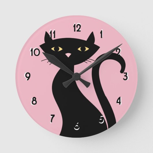 Retro Black Cat roze Ronde Klok (Voorkant)