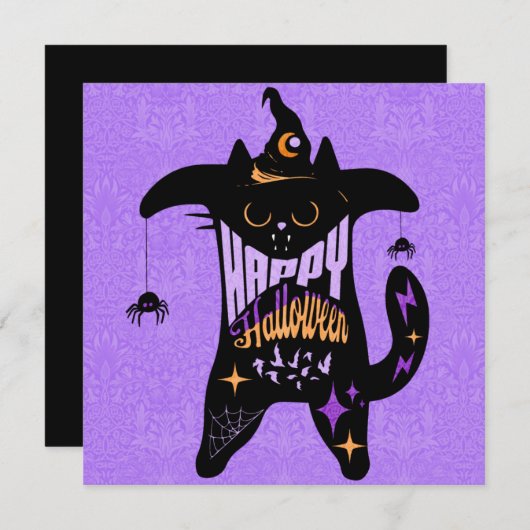 Retro Black Cat Witch Funny Halloween Kaart (Voorkant / Achterkant)