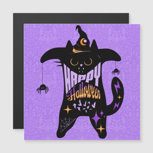 Retro Black Cat Witch Funny Halloween Magnet Kaart (Voorkant / Achterkant)
