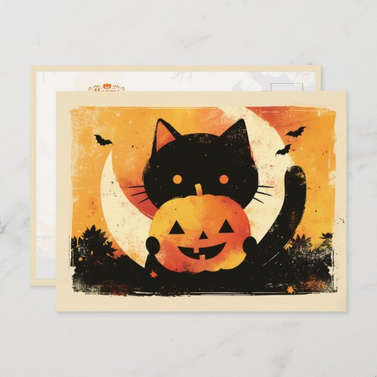 Retro Black Cat with Jack O' Lantern Briefkaart (Voorkant / Achterkant)