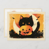 Retro Black Cat with Jack O' Lantern Feestdagenkaart (Voorkant / Achterkant)