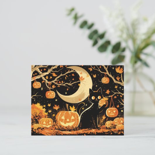 Retro Black Cat with Jack-o’-Lanterns Briefkaart (Staand voorkant)