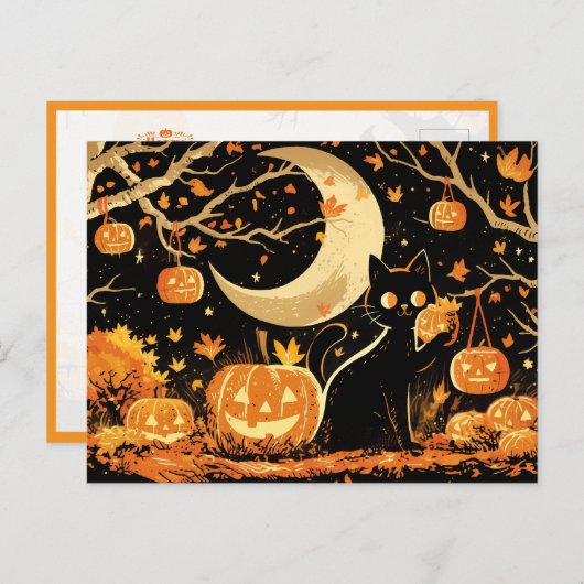 Retro Black Cat with Jack-o’-Lanterns Briefkaart (Voorkant / Achterkant)
