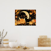 Retro Black Cat with Jack-o’-Lanterns Poster (Keuken)