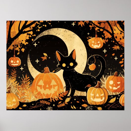 Retro Black Cat with Jack-o’-Lanterns Poster (Voorkant)