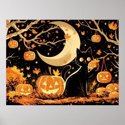 Retro Black Cat with Jack-o’-Lanterns Poster (Voorkant)