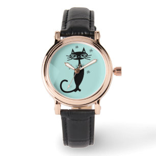 RETRO BLACK CAT WOMENS BLUE WRIST WATCH HORLOGE