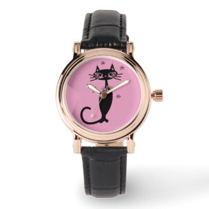 RETRO BLACK CAT WOMENS PIMK WRIST WATCH HORLOGE