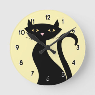 Retro Black Cat yellow Ronde Klok