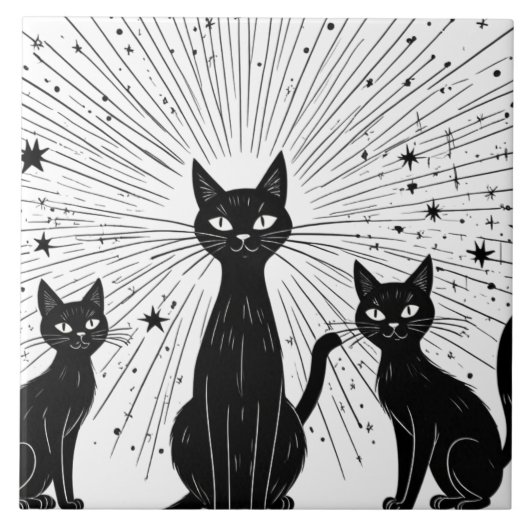 Retro Black Cats Atomic Starburst Mid Century Tegeltje (Voorkant)