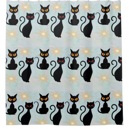 Retro Black Cats, jaren 50 Starburst Douchegordijn (Voorkant)