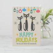 Retro Black Cats Ornamenten Mid Century Christmas Feestdagenkaart (Staand voorkant)