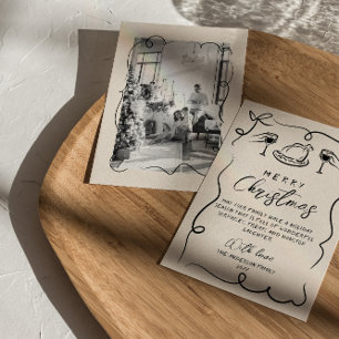 Retro Black Cream Hand getrokken Foto Vrolijk Kers Feestdagenkaart