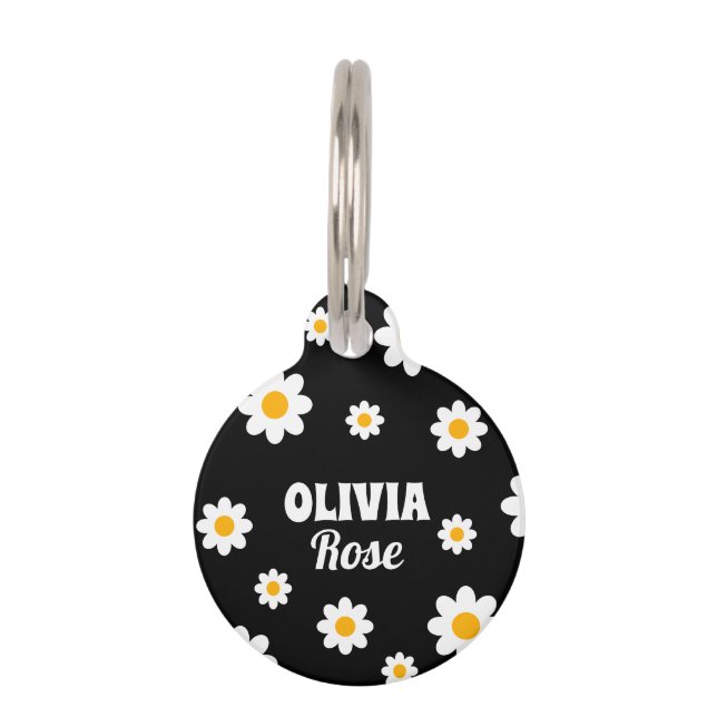 Retro Black Daisy 70's Hippie Custom Name Huisdierpenning (Voorkant)