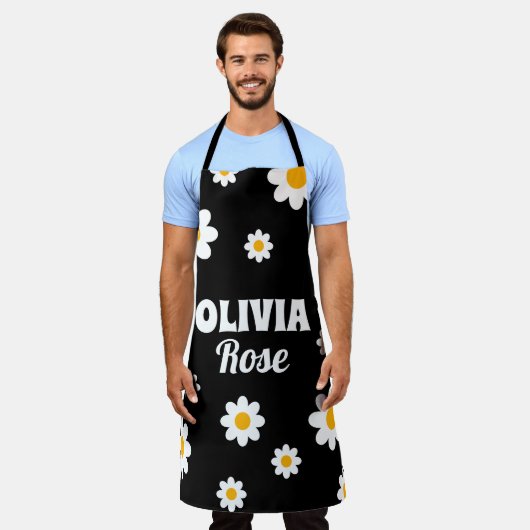 Retro Black Daisy 70's Hippie Custom Name Kitchen Schort (Gedragen)