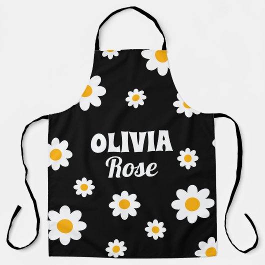 Retro Black Daisy 70's Hippie Custom Name Kitchen Schort (Voorkant)