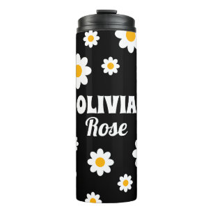 Retro Black Daisy 70's Hippie Custom Name Thermosbeker