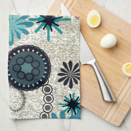 Retro Black en Blauwgroen Theedoek (Quarter Fold)