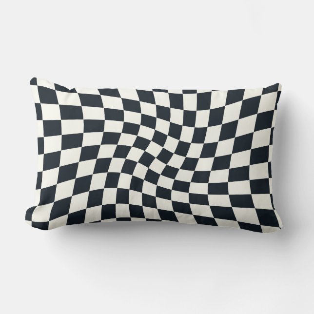Retro Black en White Pastel Warped Checkerboard Kussen (Voorkant)