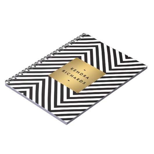 Retro Black en White Pattern Gold Name Logo Notitieboek (Linkerzijde)