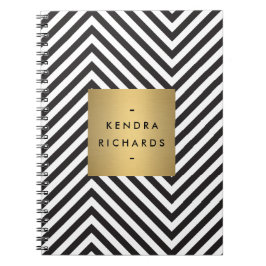 Retro Black en White Pattern Gold Name Logo Notitieboek