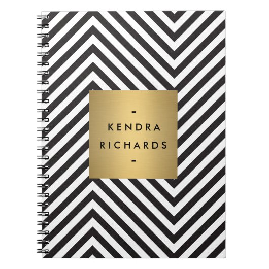 Retro Black en White Pattern Gold Name Logo Notitieboek (Voorkant)