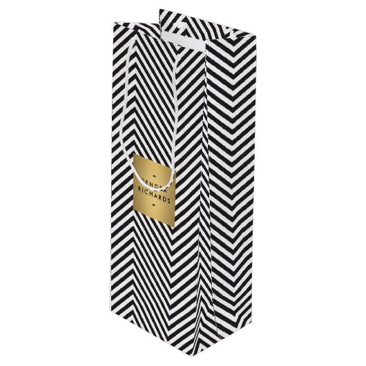 Retro Black en White Pattern Gold Name Logo Wine Wijn Cadeautas (Voorkant Gekanteld)