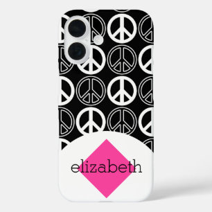 Retro Black en White Peace Sign Name iPhone 16 Hoesje