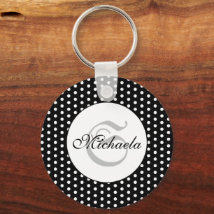  retro Black en White polka dots Monogram Sleutelhanger