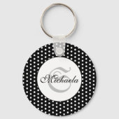  retro Black en White polka dots Monogram Sleutelhanger (Achterkant)
