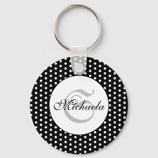  retro Black en White polka dots Monogram Sleutelhanger (Achterkant)
