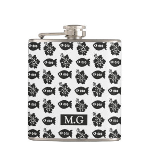 Retro Black en White Tiki Pattern Monogram Heupfles