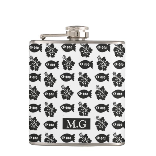 Retro Black en White Tiki Pattern Monogram Heupfles (Voorkant)