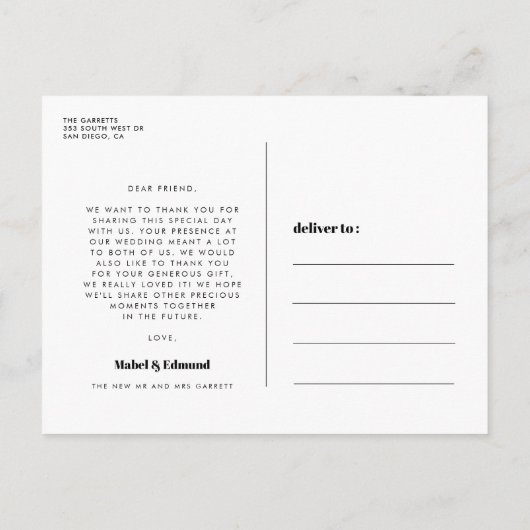 Retro Black en White Wedding Bedankt Briefkaart (Achterkant)