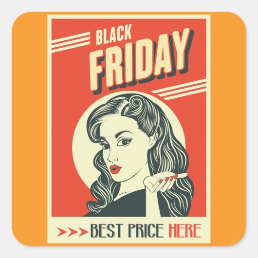 Retro Black Friday Pop Art Pin-Up Girl Vierkante Sticker (Voorkant)