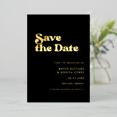 Retro black & gold bruiloft met de datumfolie kaar folie uitnodiging (Staand Voorkant)