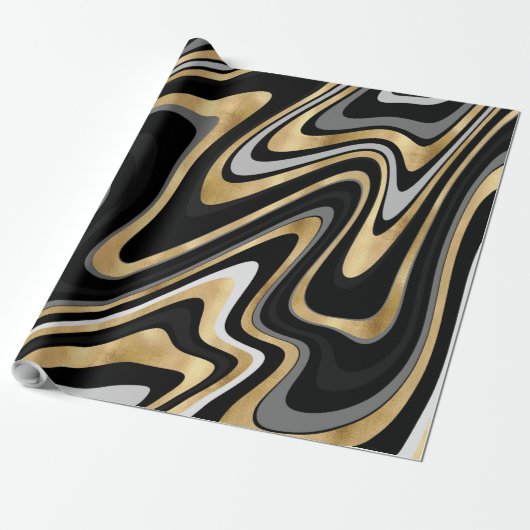 Retro Black Gold Wavy Lines Modern Design Cadeaupapier (Uitgerold)