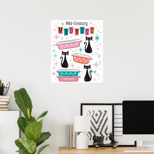 Retro Black Kitty Katten Pyrex Midden-eeuws waanzi Poster (Thuiskantoor)