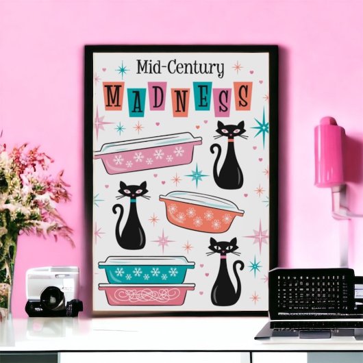 Retro Black Kitty Katten Pyrex Midden-eeuws waanzi Poster